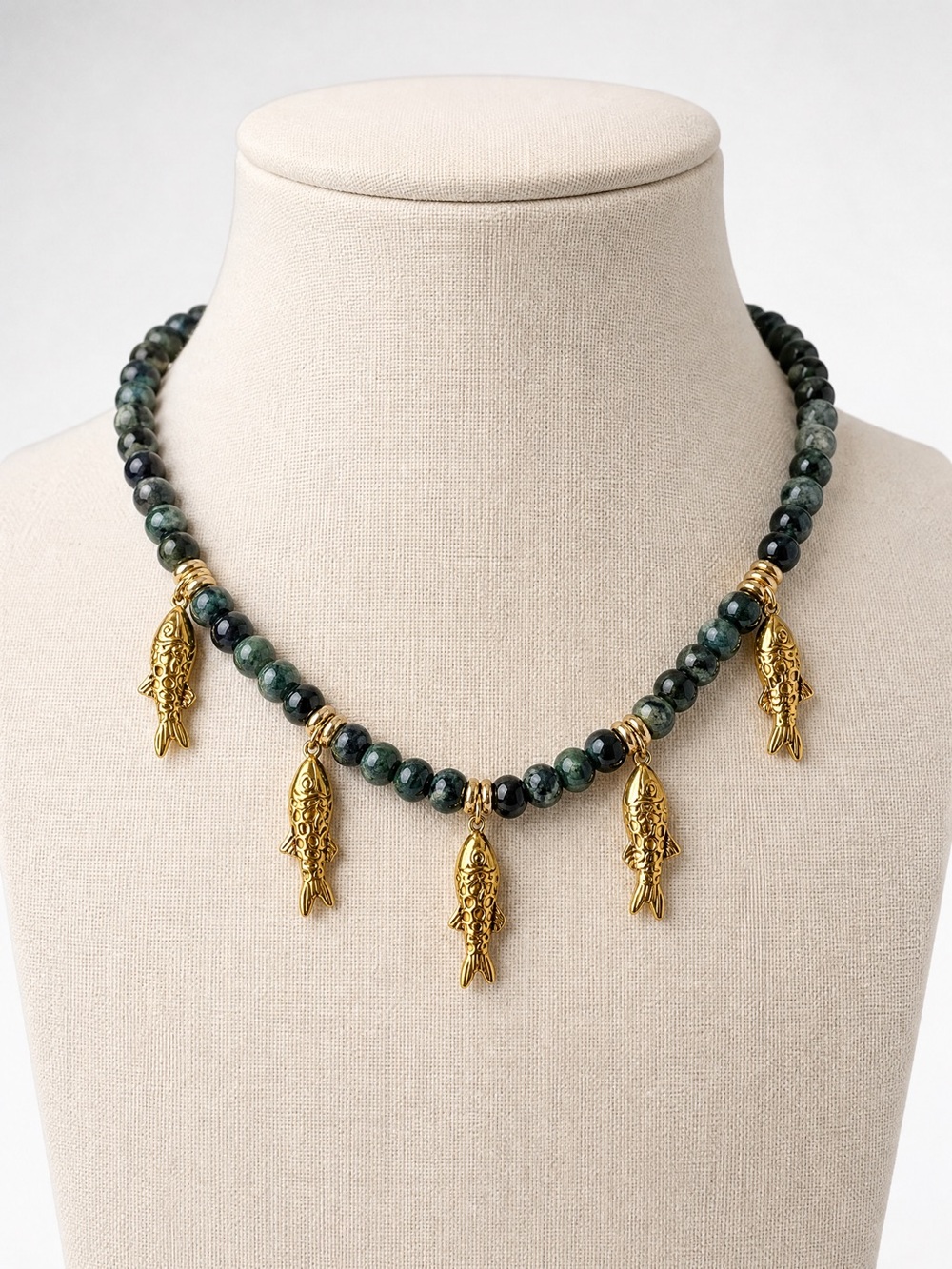 Dangling Gold Fishes Charm Pine Green Beaded Necklace